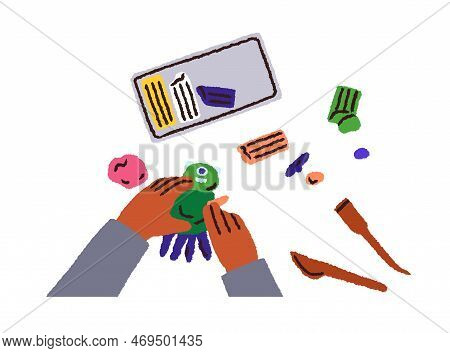 Childs Hands With Plasticine, Above Top View. Black Kid Making, Modeling Figure From Playdough. Crea