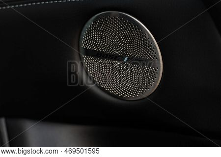 Moscow, Russia - December 11, 2021 Bose Speaker Grille. Modern Car Interior Close Up View. Details O