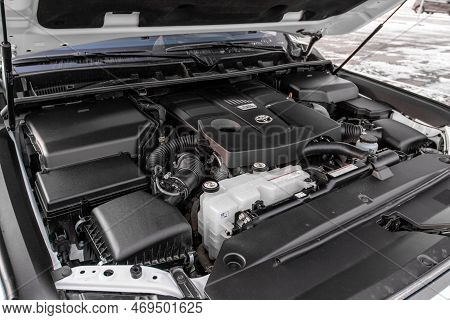 Moscow, Russia - December 11, 2021 Toyota Land Cruiser 300 (j300) Engine. Suv Car With Open Hood. Ca