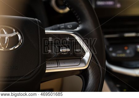 Moscow, Russia - December 11, 2021 Toyota Land Cruiser 300 (j300) Cruise Control Switch Closeup. Ada