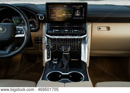 Moscow, Russia - December 11, 2021 Toyota Land Cruiser 300 (j300), Interior View. Luxury Crossover S