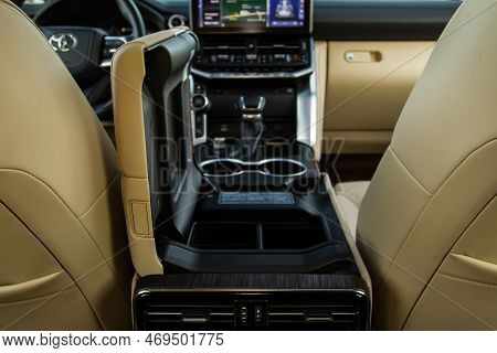 Moscow, Russia - December 11, 2021 Toyota Land Cruiser 300 (j300) Car Armrest Opened. Opened Armrest