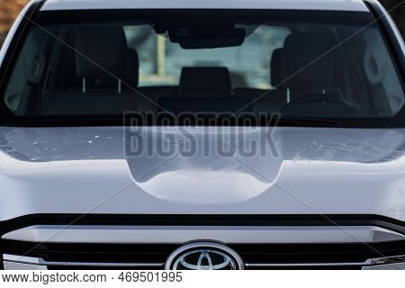 Moscow, Russia - December 11, 2021 Toyota Land Cruiser 300 (j300) Close Up Of The Toyota Car Hood Or