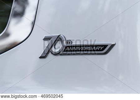 Moscow, Russia - December 11, 2021 Toyota Land Cruiser 300 (j300) Toyota Badge On The Car. Car Body 