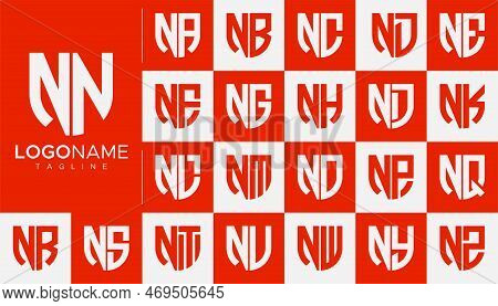 Set Of N Lettermark Logo Design In Shield Form. N Letter Logo Resource Set.