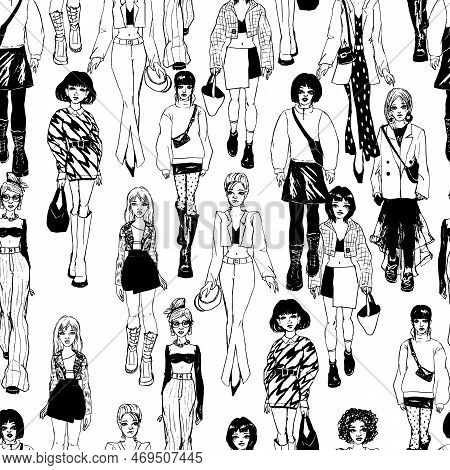 Seamless Pattern. Women In Trendy Clothes. Defile Sketch.