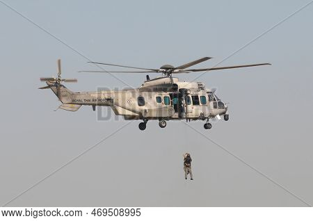 Nakhon Pathom, Thailand - January 14, 2023 : Air Show Eurocopter Ec725 Caracal, The Helicopter  For 