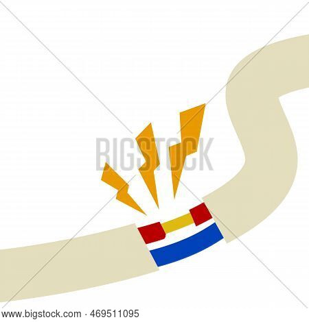 Damaged Cable With Red Wire. Orange Lightning And The Spark. Broken Line. Faulty Electrical Applianc