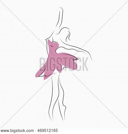 Hand Drawn Little Beautiful Ballerina Girl Stand With Flowers On Her Head.dancer In Pink Tutu And Po