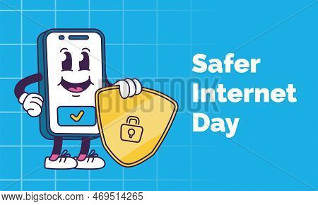 Safer Internet Day. Phone With A Shield In Trendy Groovy Style