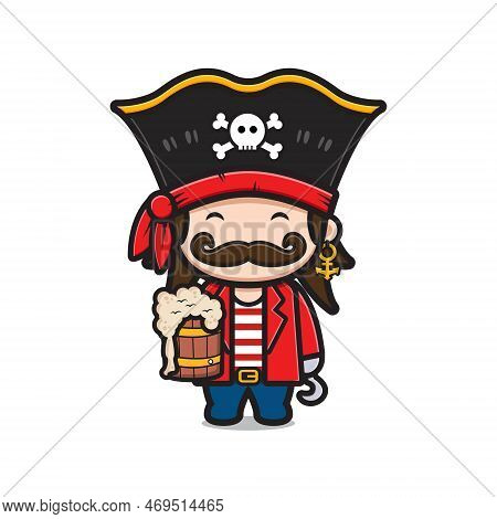 Cute Captain Pirates Holding Beer Cartoon Icon Illustration. Design Isolated Flat Cartoon Style