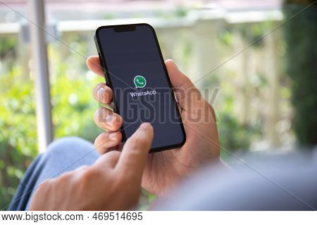 Alanya, Turkey - September 20, 2022: Man Hand Holding Apple Iphone 14 With Social Networking Service
