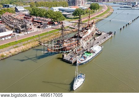 Aerial From An Old Dutch Voc Ship In The Harbor From Lelystad In The Netherlands