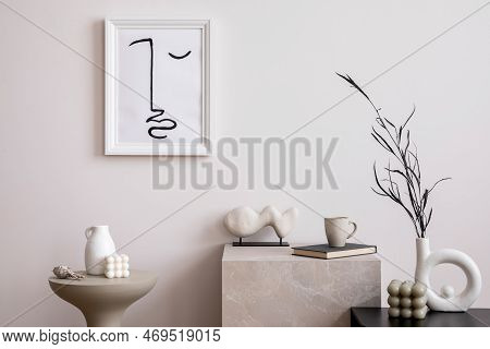 Aesthetic Interior Of Living Room With Mock Up Poster Frame, White Wall, Coffee Table, Vase With Dri