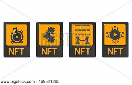 3d Nft Token Cards In Cryptography. Nft Cards With Game, Music, Video And Art. A Non-fungible Token 