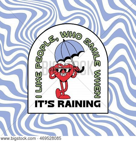 Groovy Heart With Sunglasses Under Umbrella Retro Style. Smiling Charachter Illustration. Happy Vale