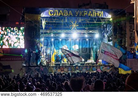 Kyiv, Ukraine - January 06, 2014: Night View Of The Music Performance In The Euromaidan Camp In Cent