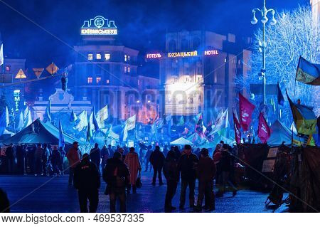 Kyiv, Ukraine - January 06, 2014: Night View Of The Euromaidan Camp With Unknowns People In Center O