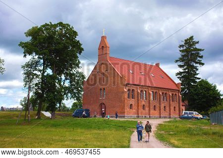 Krasnolesye, Russia - June 12, 2016: Old Red Bricks Church In Krasnolesye Village (former Gross Romi