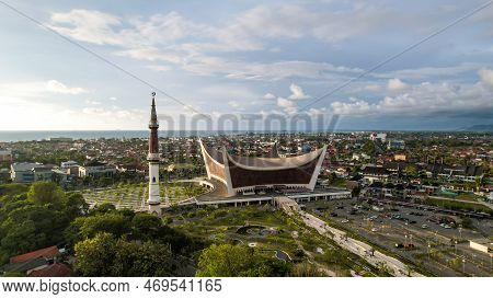 Aerial View Of The Great Mosque Of West Sumatera, The Biggest Mosque In West Sumatera. With A Unique