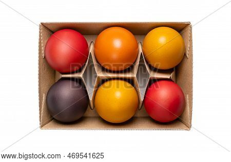 Multicolored Easter Eggs, Paschal Eggs, In A Egg Carton. Hard Boiled, Colorful Dyed Chicken Eggs, Us