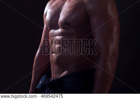 Muscular Shirtless Manked Man Model Showing Strong Shoulders, Bare Chest. Gay Sexy Model.