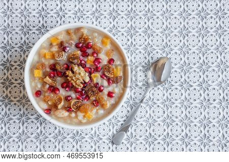 Traditional Turkish Delicious Mixed Dessert, Ashura (asure) With Pomegranate Seeds, Walnut, Apricot,