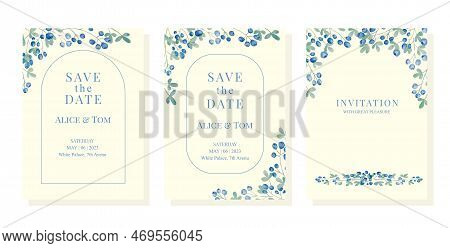 Set Of Weding Card Template With Watercolor Blueberry. Vector Eps10