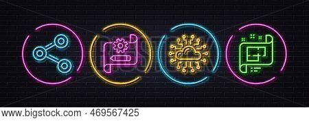Share, Cogwheel Blueprint And Cloud Network Minimal Line Icons. Neon Laser 3d Lights. Architectural 