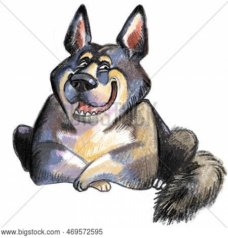 Cute Funny Cartoon Dog Character. Norwegian Elkhound Dog Breed Raster Illustration Isolatwd On White
