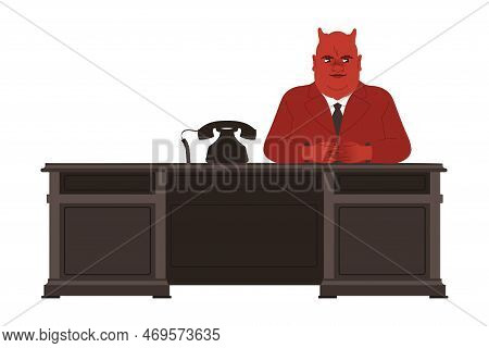 Bribery And Corruption With Horned Red Man Character Sitting At Desk Vector Illustration