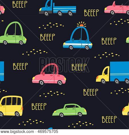 Childrens Seamless Vector Pattern With Cars. Multicolored Different Cars. Lettering The Wroom And Be