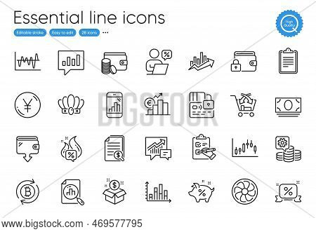 Discounts Ribbon, Accounting And Stock Analysis Line Icons. Collection Of Wallet, Euro Rate, Payment