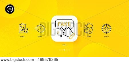 Idea, Fake Information And Face Attention Minimal Line Icons. Yellow Abstract Background. Timer, Che