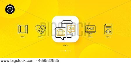 Food App, Ranking Star And Legal Documents Minimal Line Icons. Yellow Abstract Background. Fake News