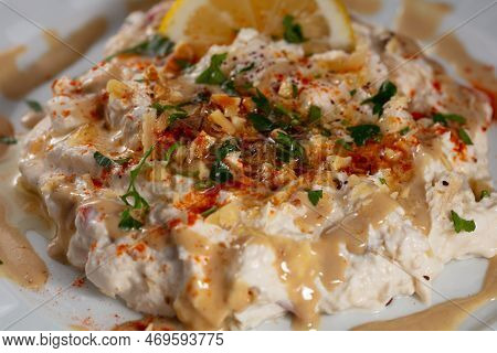 Traditional Turkish Cuisine, Appetizer, Salad Made With Eggplant And Yoghurt. Local Name, Mutebbel. 