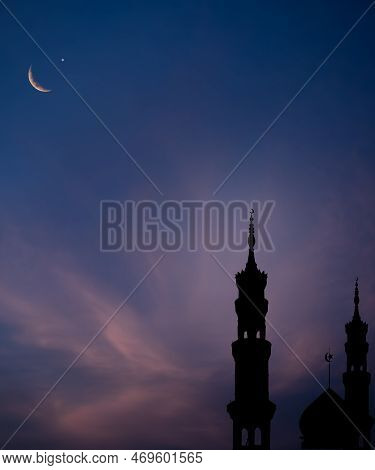 Islamic Architecture Celebration Background,shadow Bulding Mosques Dome With Crescent Moon And Star 