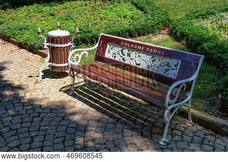 One Of The Wooden Benches In The Famous Park Gulhane In The Historical Center Of The Istanbul. Turke