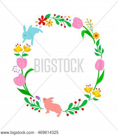 Easter Floral And Rabbits In Circle Frame. Suitable For Social Media Posta, Mobile Apps, Card, Invit