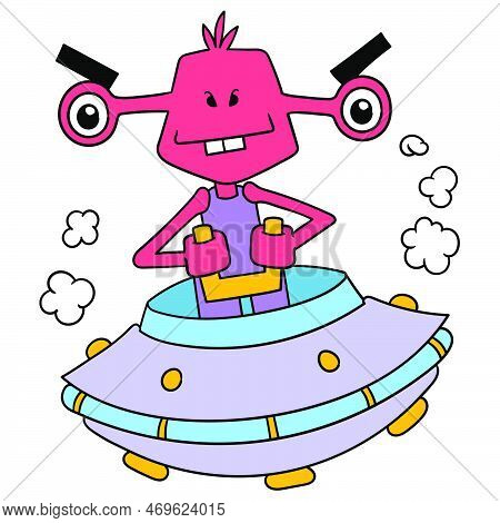 A Cute Alien With A Strange Shape Flies Using A Saucer-shaped Ufo Spacecraft To Explore Outer Space,