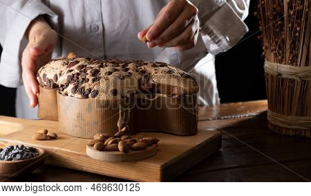 Colomba With Chocolate. Easter Italian Cake With Almonds And Chocolate In The Shape Of A Dove. Festi