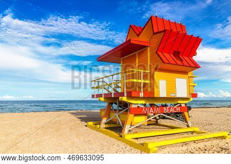 Lifeguard Tower In South Beach, Miami Beach In A Sunny Day, Florida