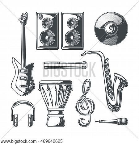 Music Icons Black Set With Guitar Microphone Drums Isolated Vector Illustration