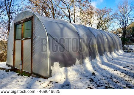 Polytunnel Lit Up By The Morning Sun Following An Overnight Snowfall