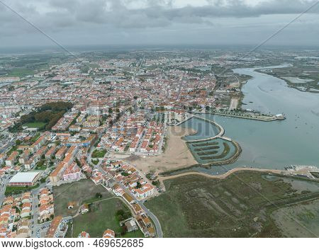 Montijo Cityscape In Portugal. Drone Point Of View. River Tagus In Background