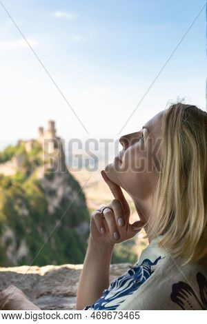 Young Beautiful Woman Visits The Sights Of The Republic Of San Marino, Italy