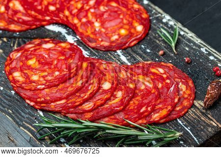 Iberian Chorizo, Traditional Spanish Tapas, Food Recipe Background. Close Up,