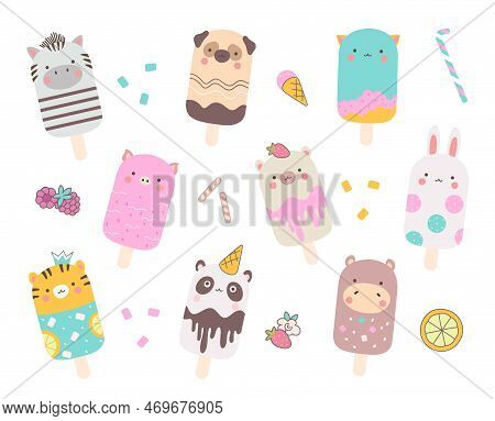 Animal Ice Cream On Stick, Eskimo Cute Animals Collection. Sweet Lollipops, Children Summer Dairy An