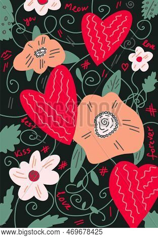 Romantic Hand Drawn Banner With Flowers, Hearts And Lettering Font. Typography Cartoon Background Fo