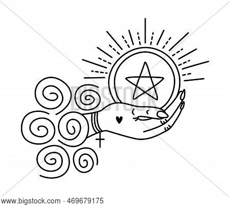 Ace Of Pentacles, Cute Vector Tarot Card Symbol In Minimal Style. Black Line Illustration